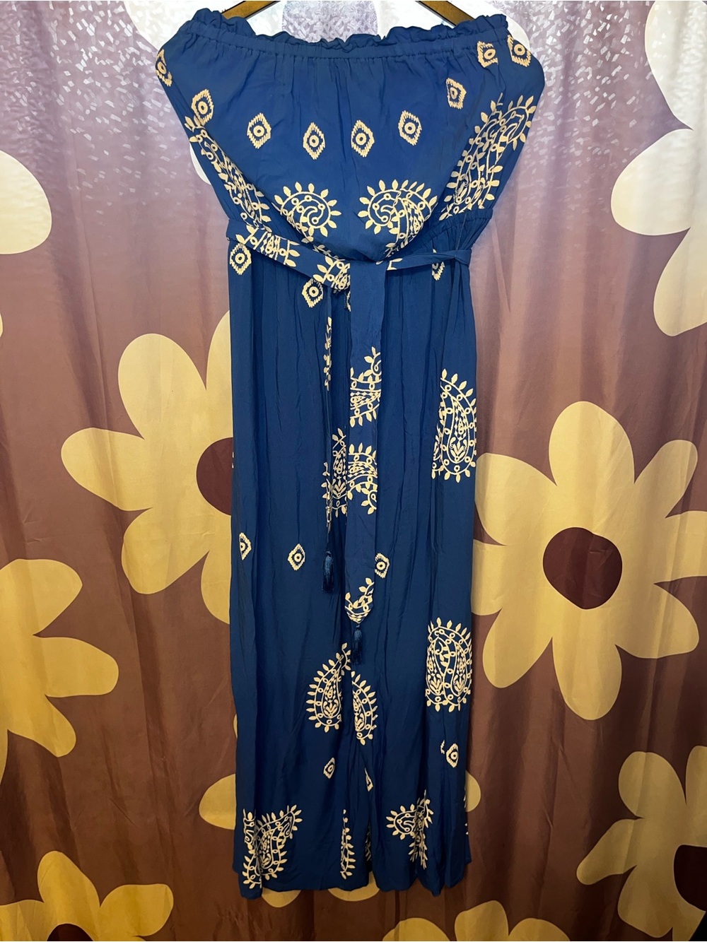Cato Navy Blue Printed Strapless Jumpsuit with Cream Pattern